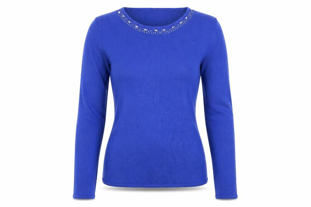 Front view of Pure & Natural women’s blue knit jumper, size UK 10, - beaded
