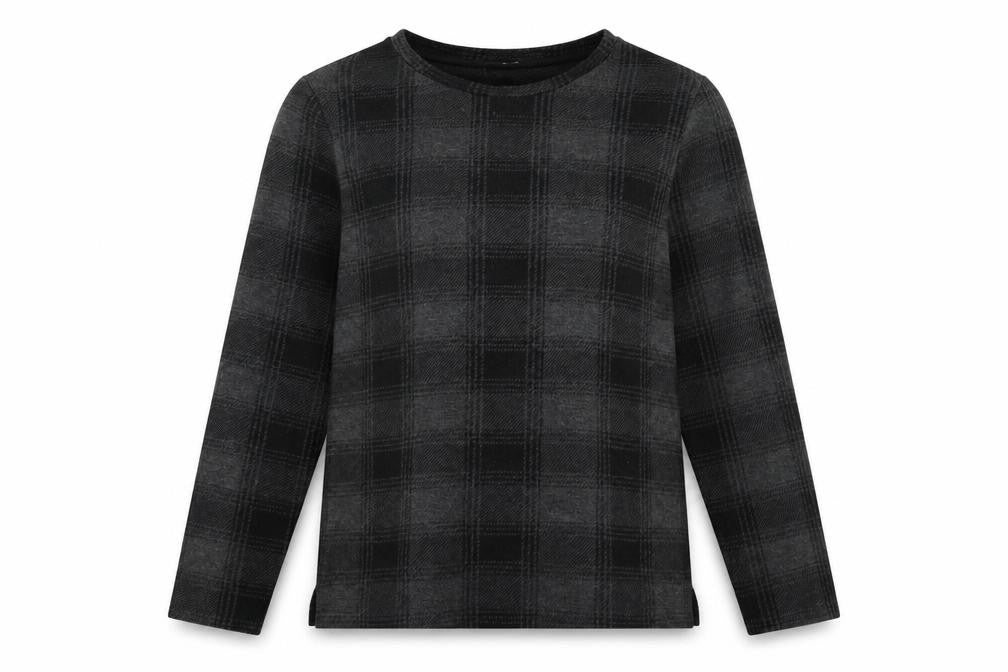 Front view of Tu women’s grey striped jersey pullover sweatshirt, size UK 14