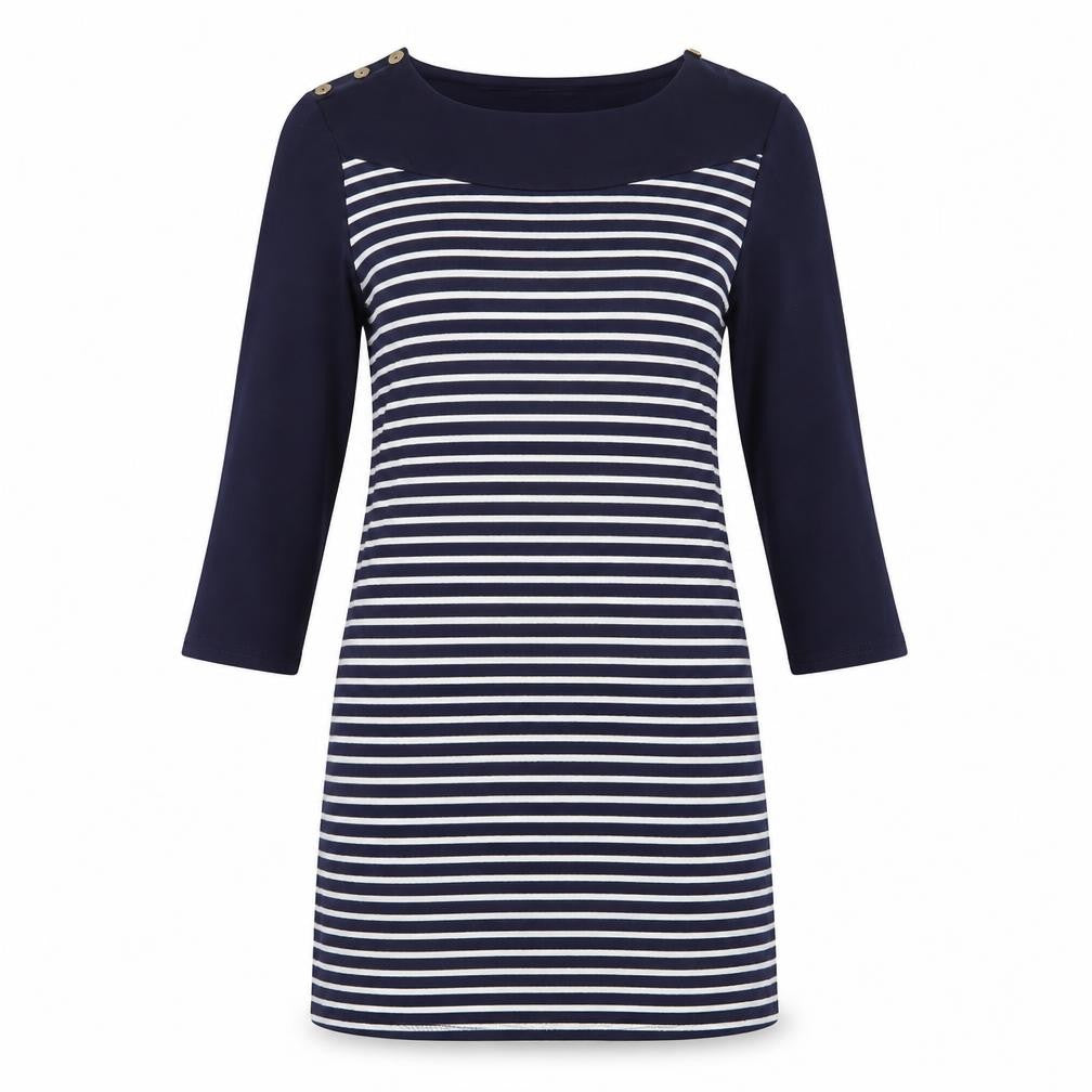 Front view of Lakeland women’s blue striped jersey t-shirt dress, size M