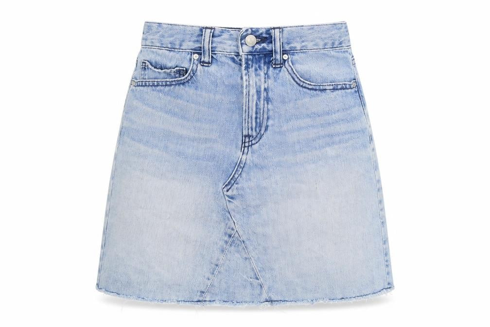 Front view of Gap women’s blue denim a-line skirt, size UK 6