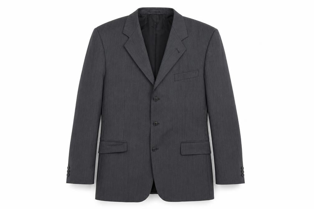 Front view of Copperstone men’s grey rayon jacket suit jacket, size 44