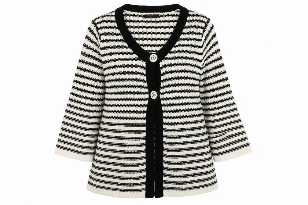 Front view of Moda women’s white striped knit cardigan jumper, size UK 14