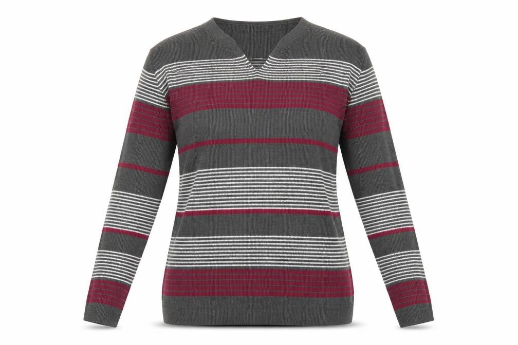 Front view of Isle Essentials women’s grey striped knit jumper, size UK 14