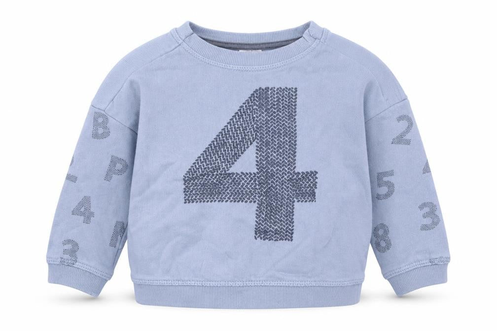 Front view of H&M boys’ blue jumper, size 6-9, months