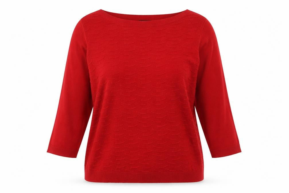 Front view of Love Knitwear women’s red jumper, size UK 16