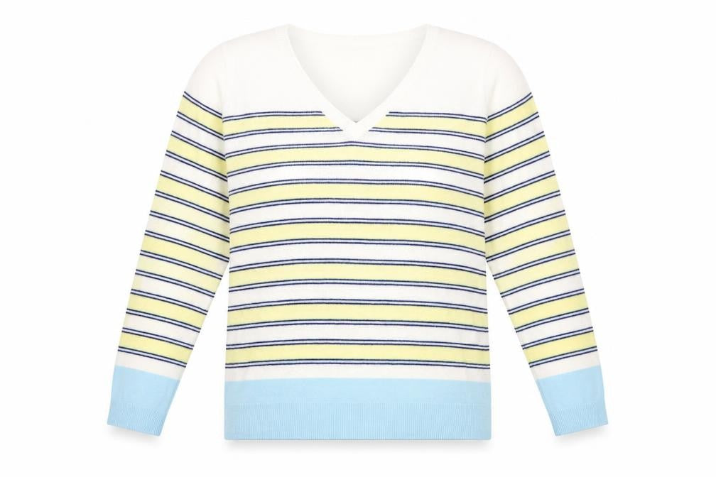 Front view of Marks & Spencer women’s white striped jumper, size UK 14