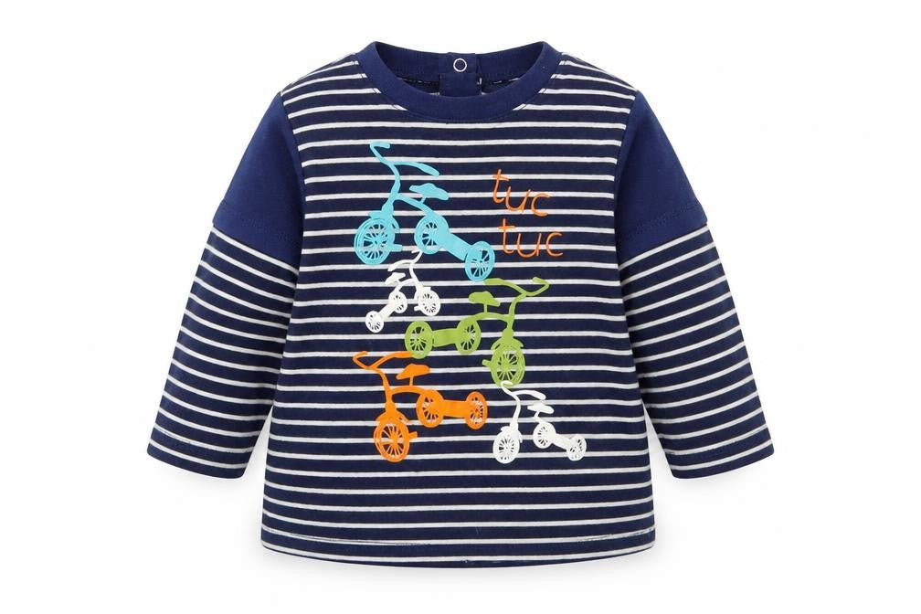Front view of tuc tuc girls’ blue striped a-line, size 6-9, months