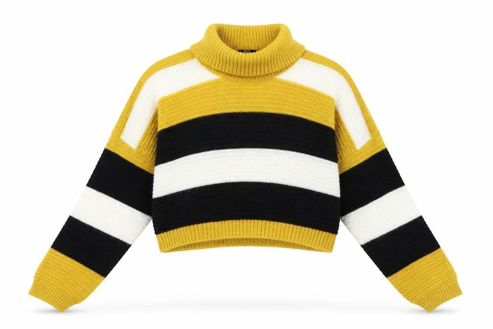 Front view of Quiz women’s yellow striped knit jumper, size L