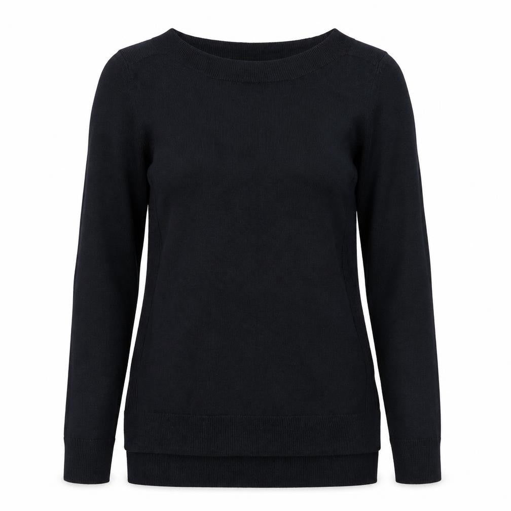 Front view of Preworn women’s black knit jumper, size UK 8