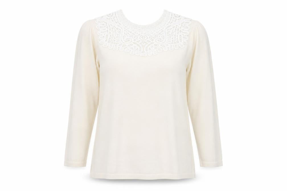 Front view of Soon women’s white knit jumper, size UK 18, - crochet detail
