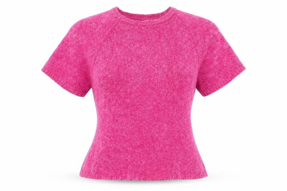 Front view of Preworn women’s pink knit basic t-shirt, size S