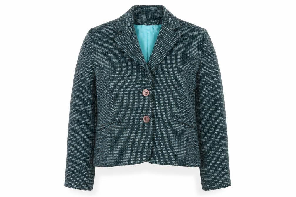 Front view of Miss Etam women’s blue geometric jacket, size UK 12