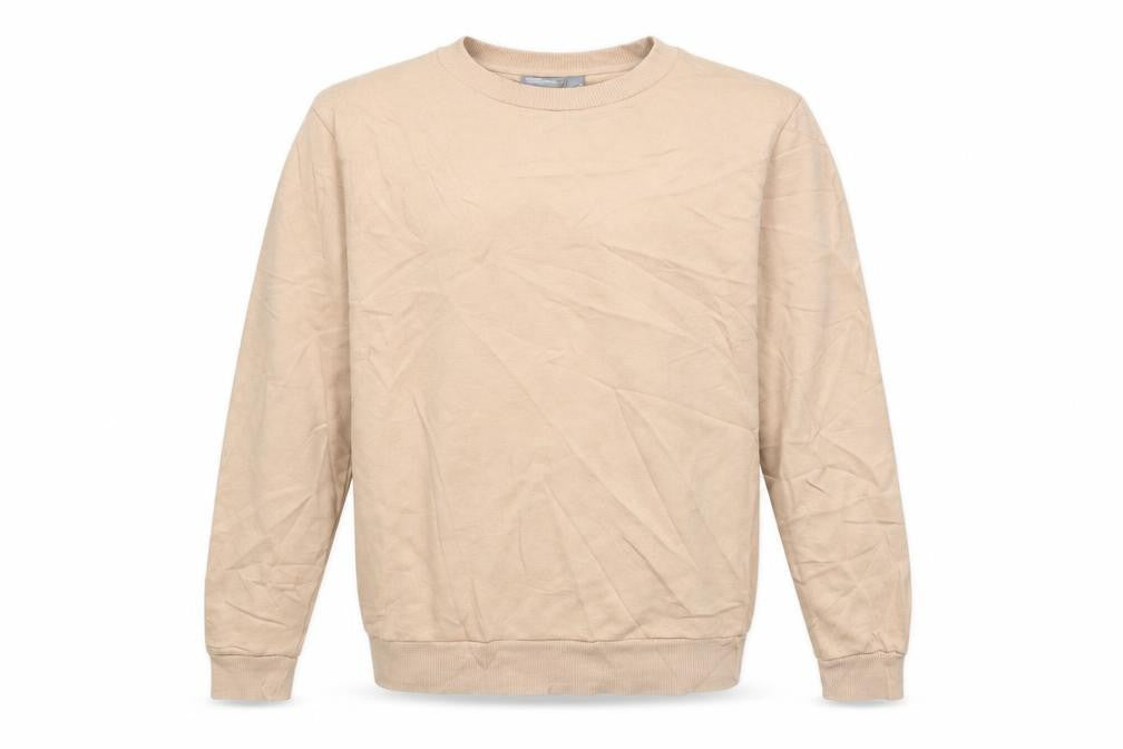 Front view of ASOS men’s beige pullover sweatshirt, size XS