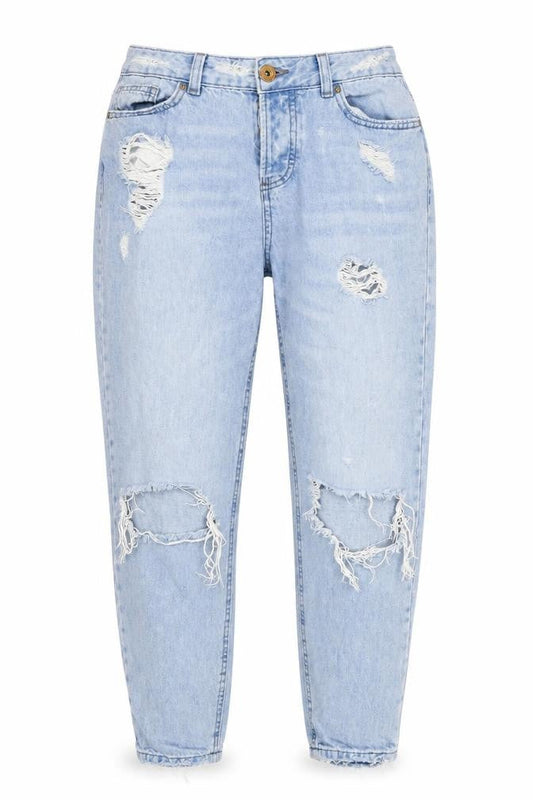 Front view of FB Sister women’s blue denim tapered jeans, size S, 26-inch leg - girlfriend fit