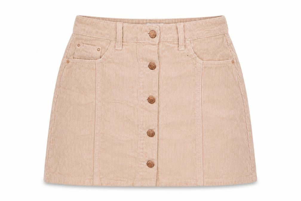 Front view of River Island women’s beige corduroy a-line skirt, size UK 8