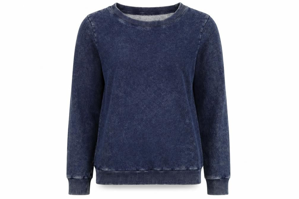 Front view of women’s blue pullover sweatshirt, size UK 12