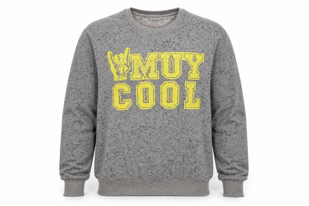 Front view of Spanglish men’s grey pullover sweatshirt, size S