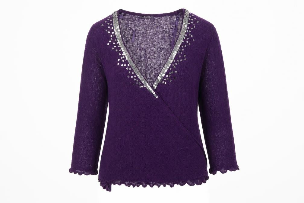 Front view of Bonmarché women’s purple knit cardigan jumper, size XL
