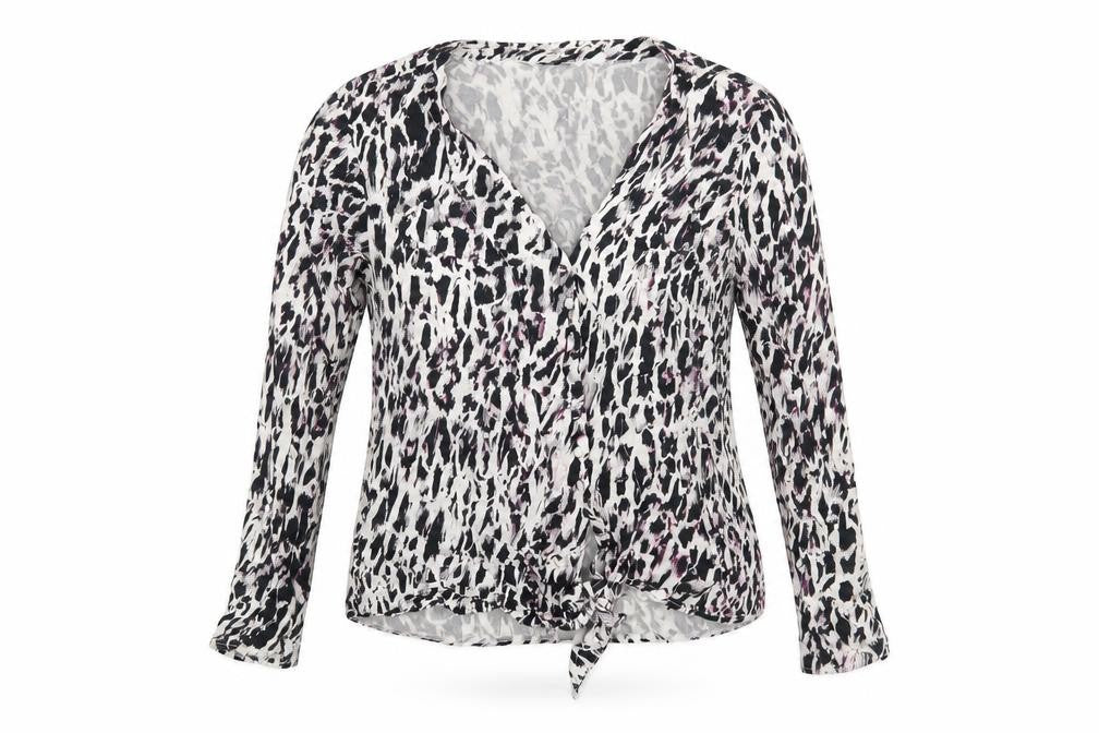 Front view of Preworn women’s white animal print basic blouse, size UK 14