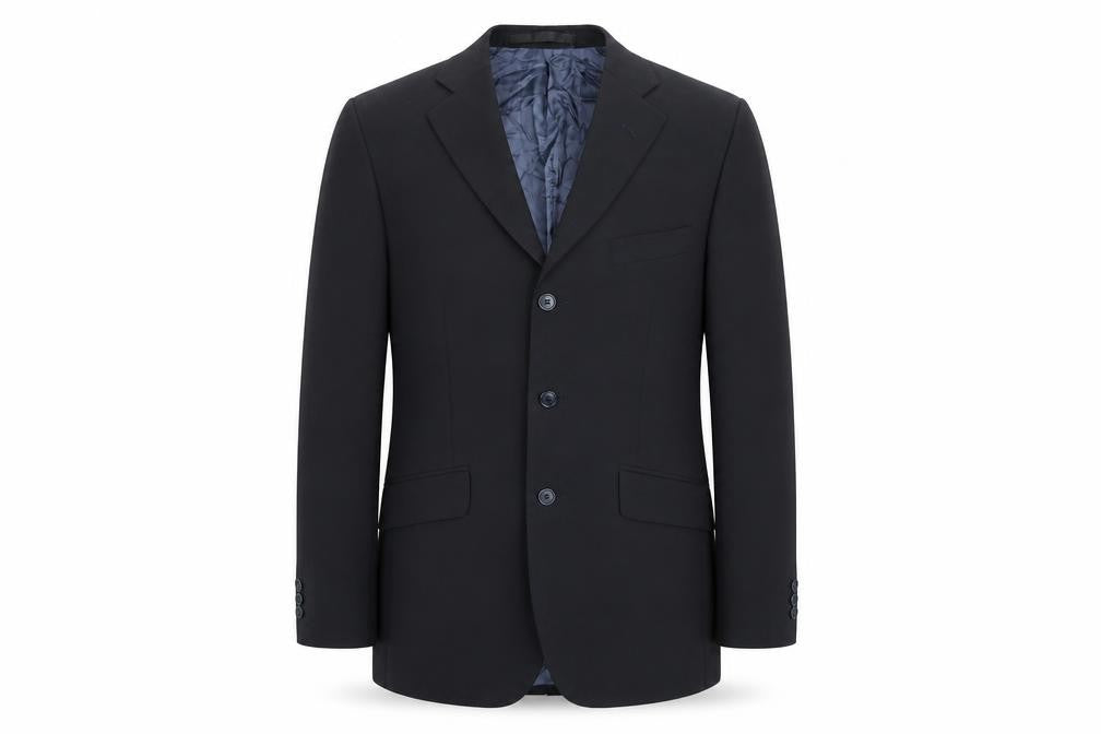 Front view of Preworn men’s black rayon jacket suit jacket, size 40