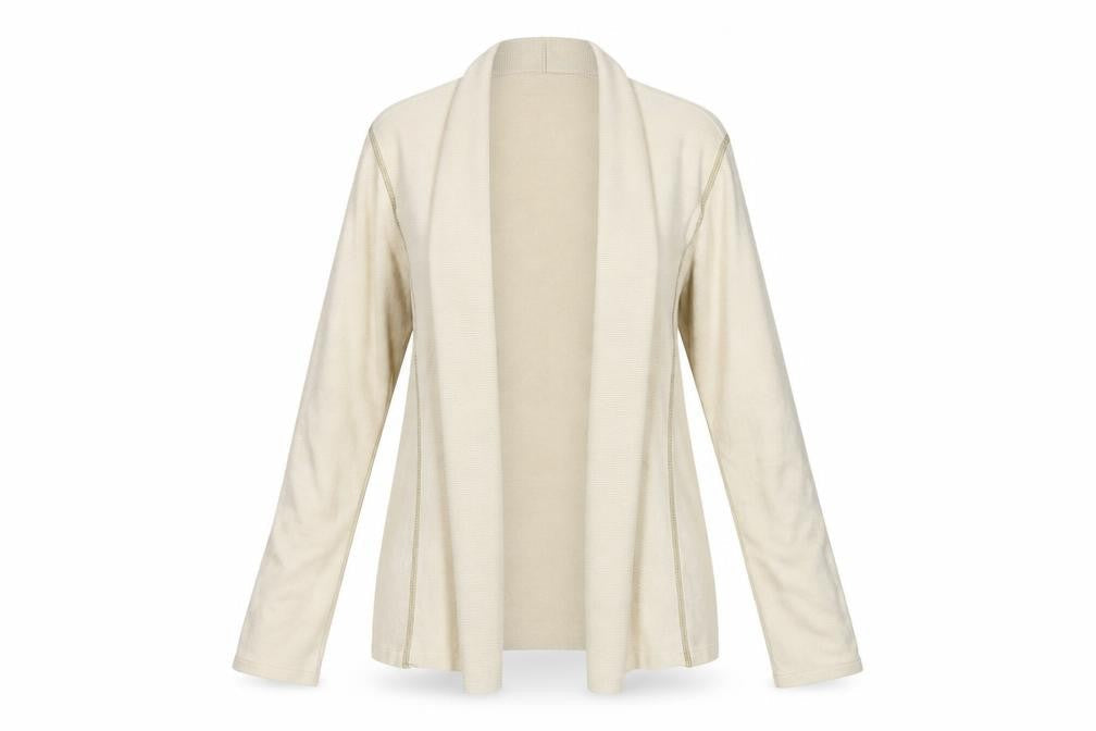 Front view of Offshoot women’s beige knit cardigan jumper, size M