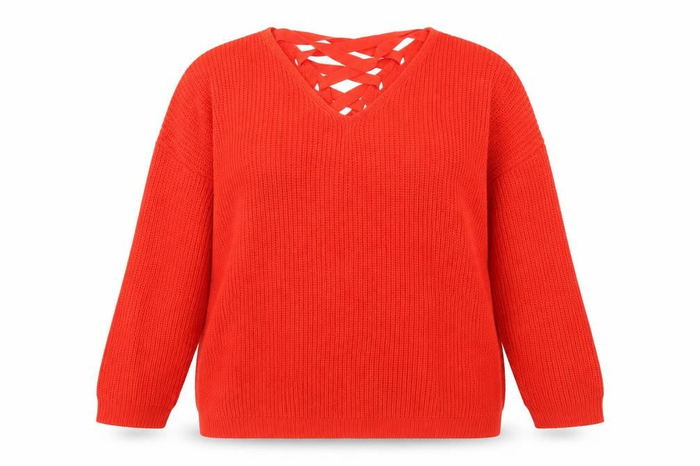 Front view of Capsule women’s red knit jumper, size UK 18
