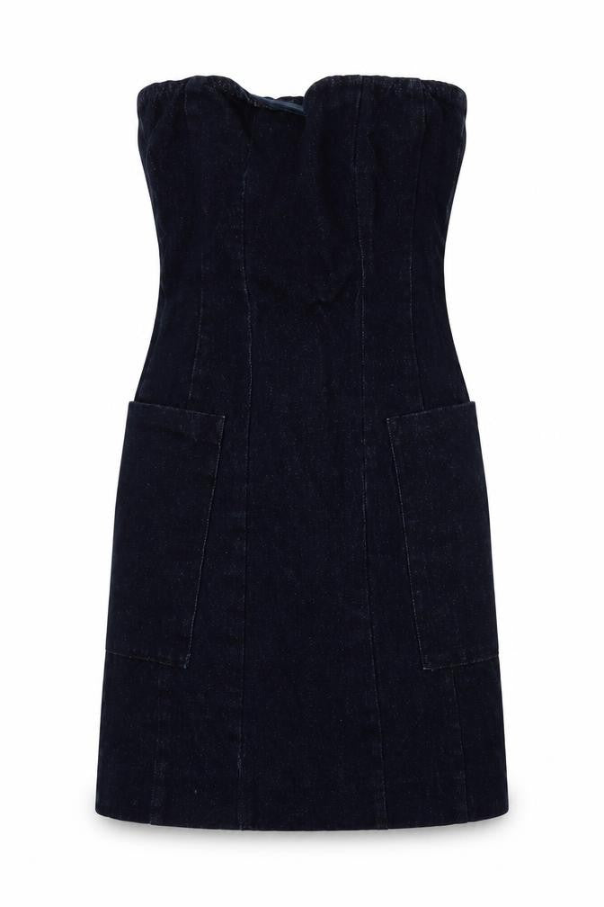 Front view of ASOS women’s blue denim a-line, size UK 10