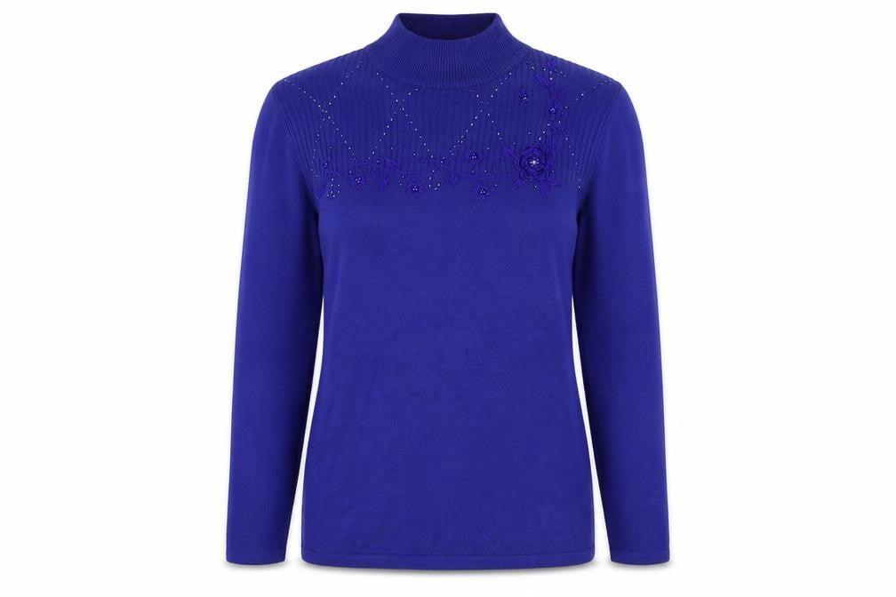 Front view of Bonmarché women’s purple floral jumper, size S