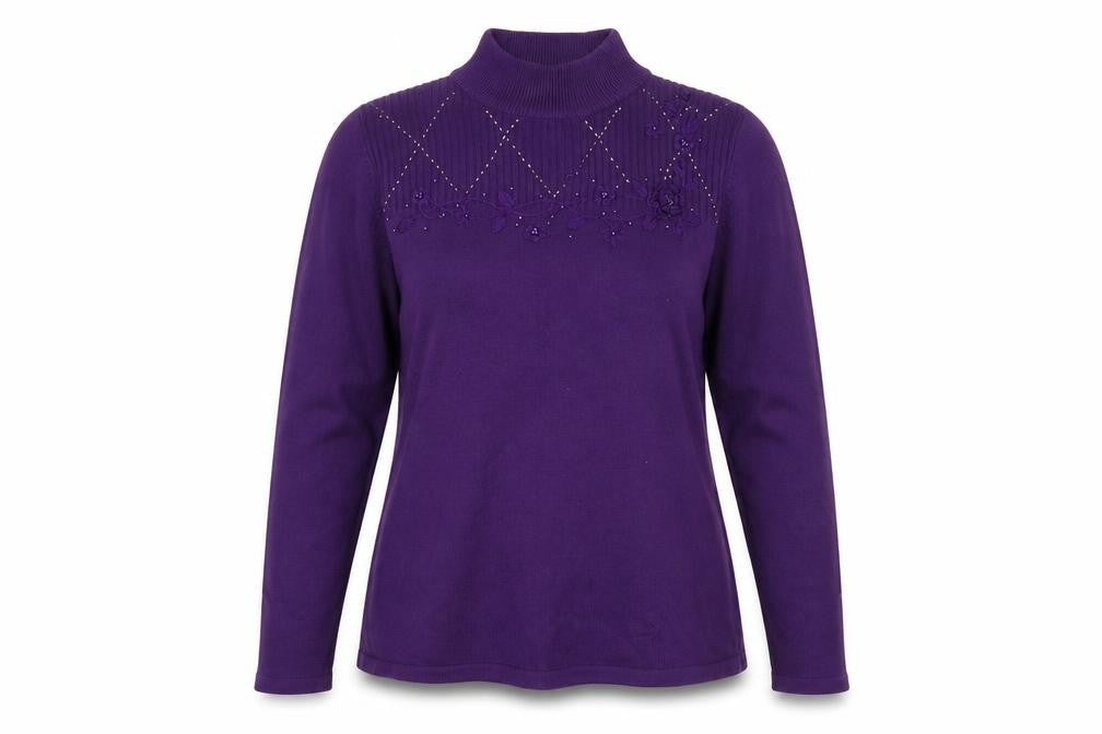 Front view of Bonmarché women’s purple floral jumper, size S
