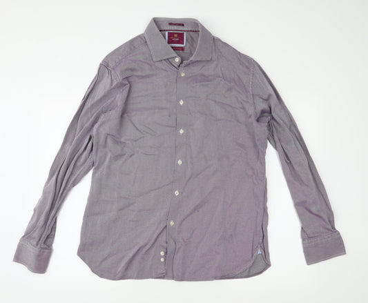 Front view of Marks & Spencer men’s purple striped button-up, size 18