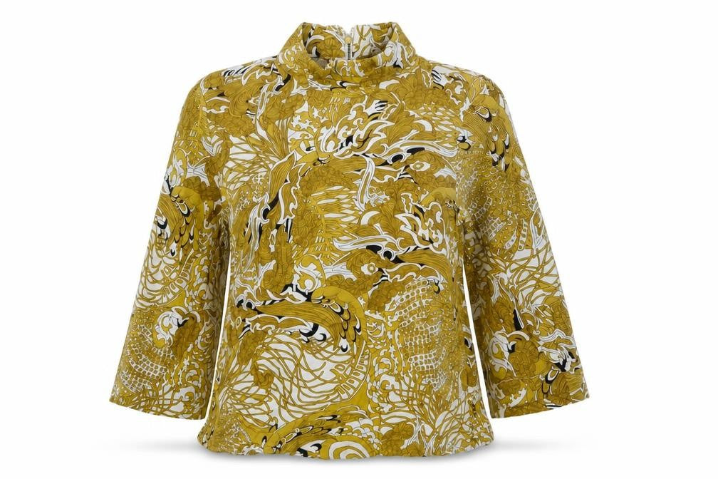 Front view of H&M women’s yellow floral basic blouse, size UK 6