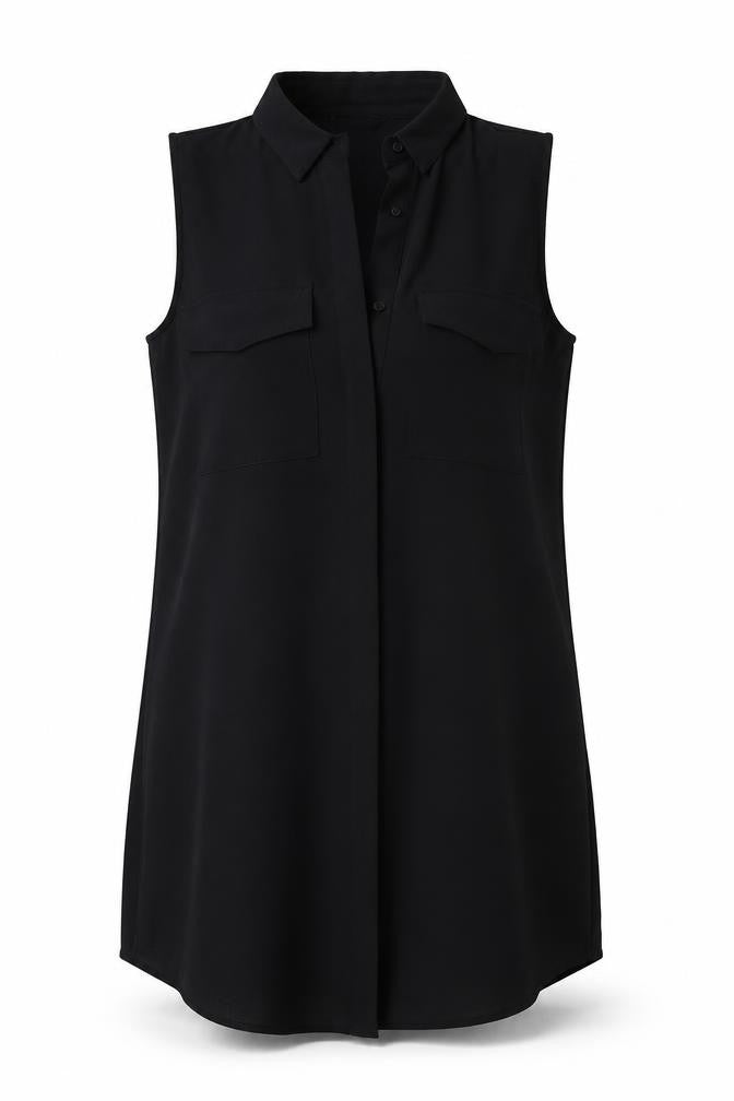 Front view of MONK women’s black tunic blouse, size S