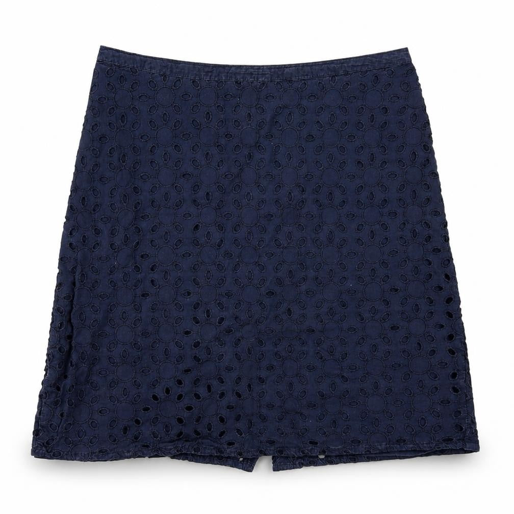 Front view of Debenhams women’s blue a-line skirt, size UK 10