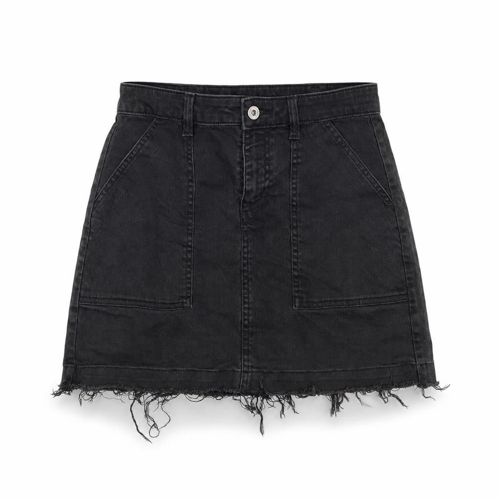 Front view of Preworn women’s black denim a-line skirt, size UK 28, in