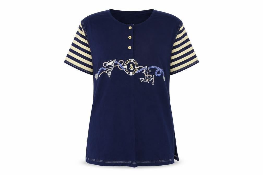 Front view of raxsta women’s blue striped basic t-shirt, size S