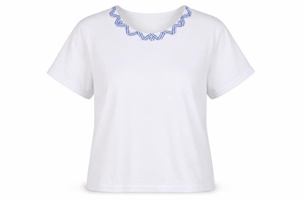 Front view of Elizabeth Scott women’s white basic t-shirt, size S