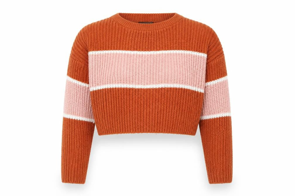 Front view of Missguided women’s orange striped knit jumper, size UK 8, - cropped jumper