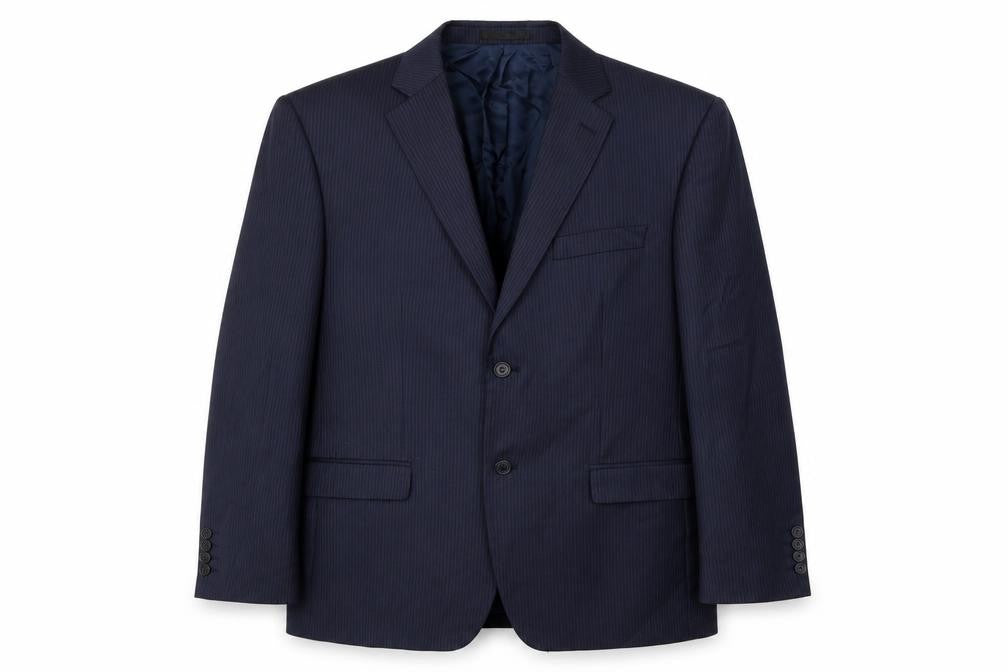 Front view of Greenwoods men’s blue striped rayon jacket suit jacket, size 44