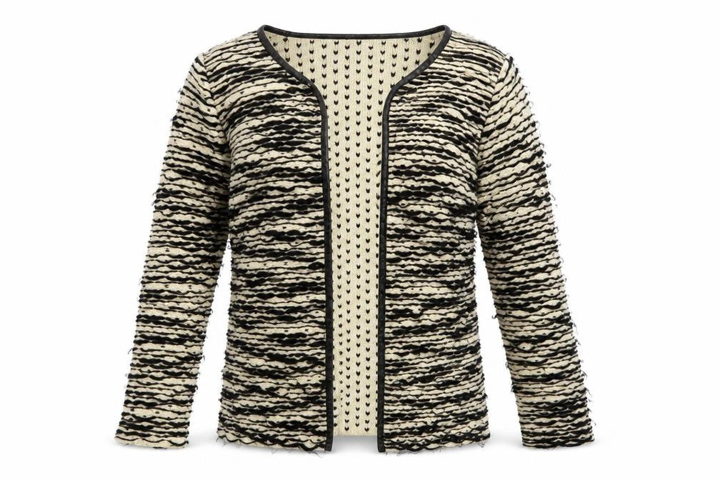 Front view of Boohoo women’s beige striped knit cardigan jumper, size S