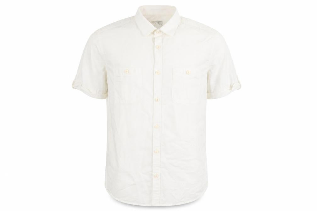 Front view of Burton men’s white button-up, size M