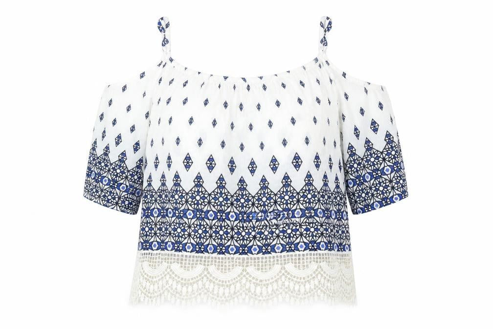 Front view of Divided by H&M women’s white geometric basic blouse, size UK 6