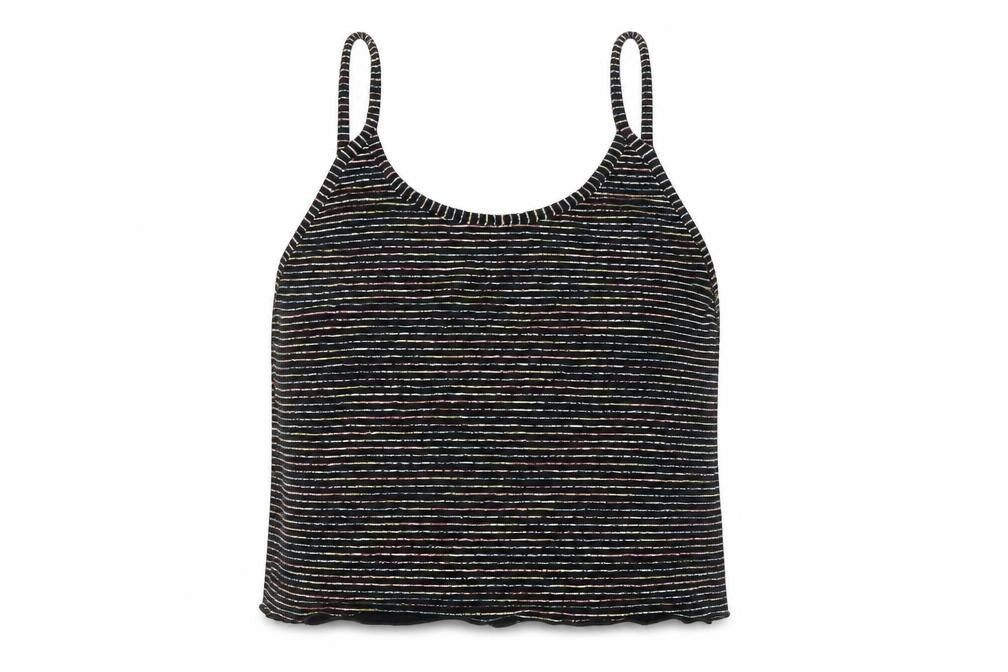 Front view of Light Before Dark women’s black striped cropped tank, size L