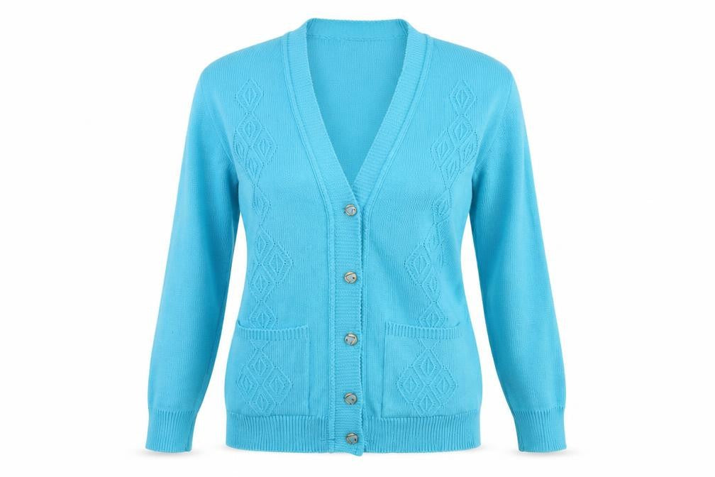 Front view of SARRA women’s blue cardigan jumper, size M