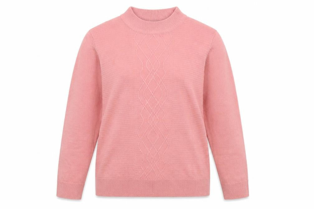 Front view of Preworn women’s pink knit jumper, size UK 14