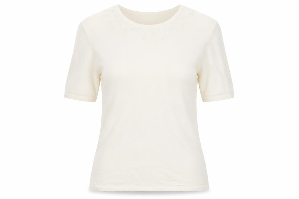 Front view of BHS women’s beige floral jumper, size UK 12