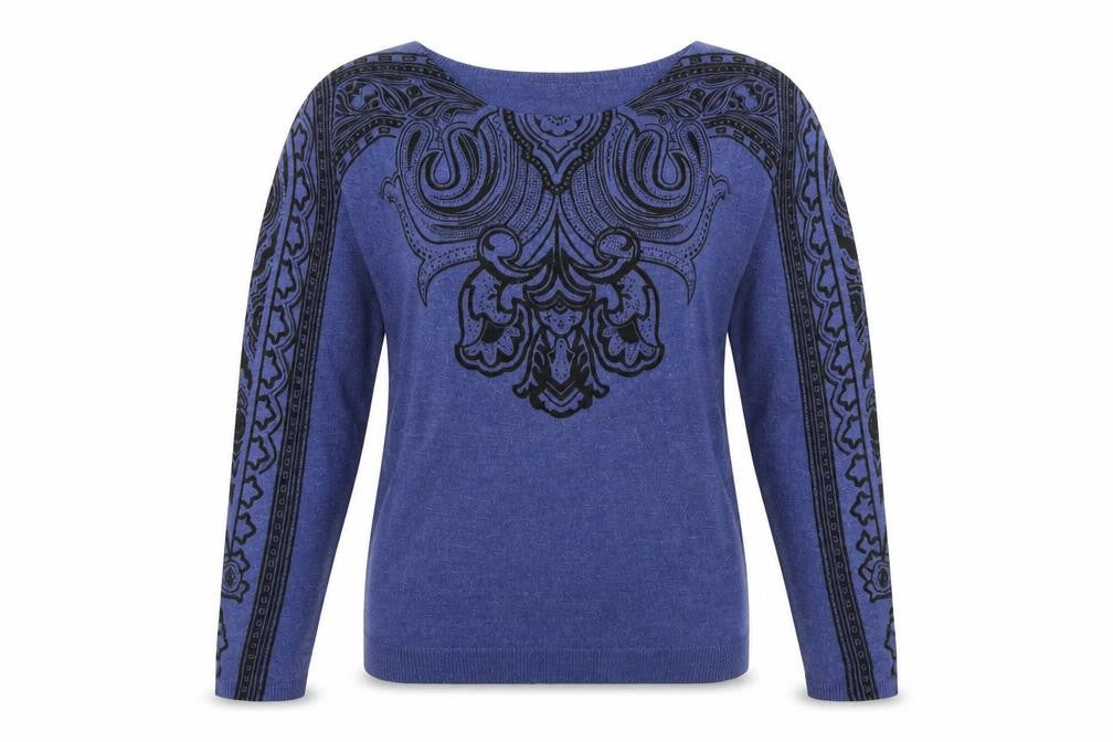 Front view of Marks & Spencer women’s blue geometric jumper, size UK 10