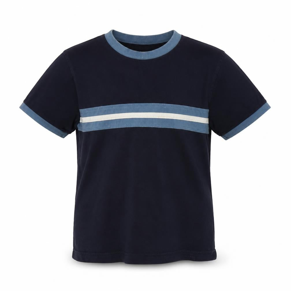 Front view of BHS boys’ blue striped jersey basic t-shirt, size 5, years