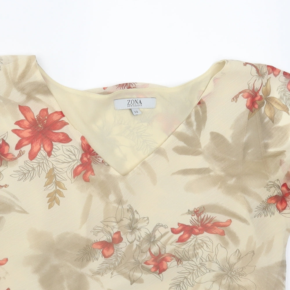 Zona Womens Beige Floral  Basic T-Shirt Size 12