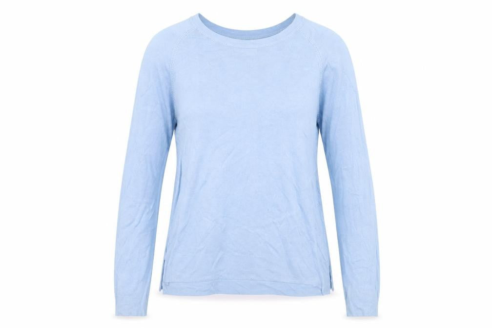 Front view of Zara women’s blue cardigan jumper, size UK 6