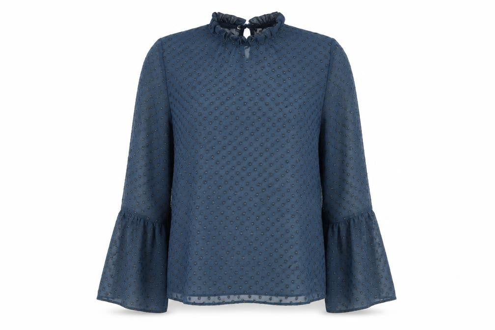Front view of New Look women’s blue polka dot basic blouse, size UK 10, - sheer